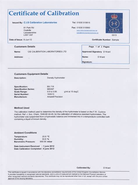 hydrometer with calibration certificate